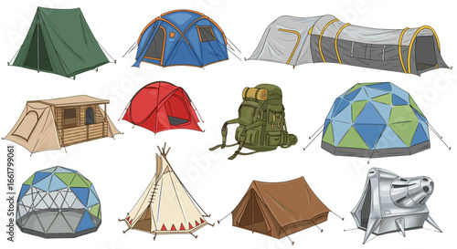 A collection of various camping tents and a backpack displayed in a cartoon style illustration image