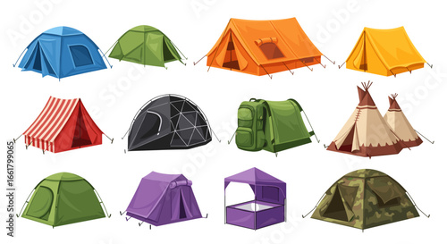 Illustration showing a collection of various camping tents and a backpack in different colors