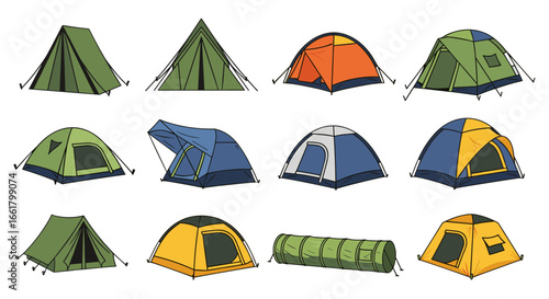 Illustration showing a collection of different styles and colors of camping tents and a tunnel tent