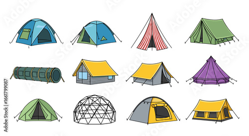 Collection of various camping tents and a tunnel, showcasing different designs, shapes and colors used for camping
