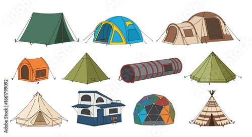 Illustration showcasing a diverse collection of tents and playhouses in various shapes and colors