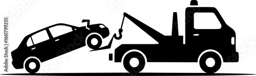 simple tow truck towing broken down car silhouette side view icon symbol transparent background
