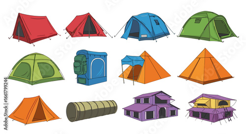 Illustration showcasing a variety of camping tents, a storage bag, and unique outdoor structures