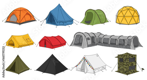 Illustration showing a variety of different types of tents in various shapes and colors on white background