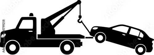 simple tow truck towing broken down car silhouette side view icon symbol transparent background

