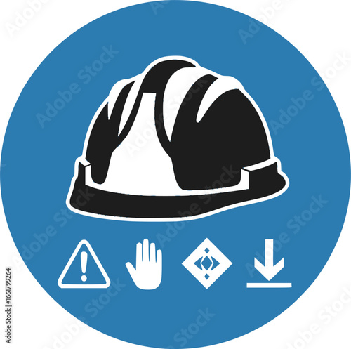 classic hard hat hardhat head protection required warning alert attention danger sign in blue circle symbol vector isolated on transparent background
