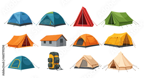 Illustration of various camping tents and a cabin, showcasing different styles and colors outdoors for camping