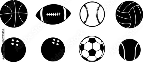 various simple stylized black sports balls silhouettes set basketball baseball volleyball football soccer bowling tennis ball
