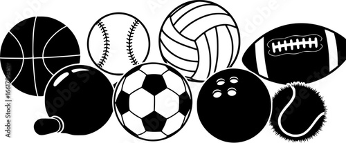 various simple stylized black sports balls silhouettes set basketball baseball volleyball football soccer bowling tennis ball
