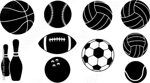 various simple stylized black sports balls silhouettes set basketball baseball volleyball football soccer bowling tennis ball
