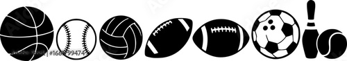 various simple stylized black sports balls silhouettes set basketball baseball volleyball football soccer bowling tennis ball

