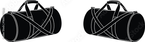 Vector illustration of black duffel gym bags with handles and shoulder straps, travel sports bag, isolated white background design