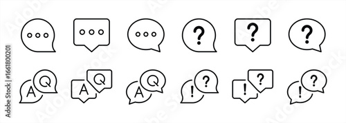speech bubble FAQ icon set. contain chat, communication, support, questions, answer, customer service, and messaging interfaces thin line icon symbol sign for your app web. vector illustration