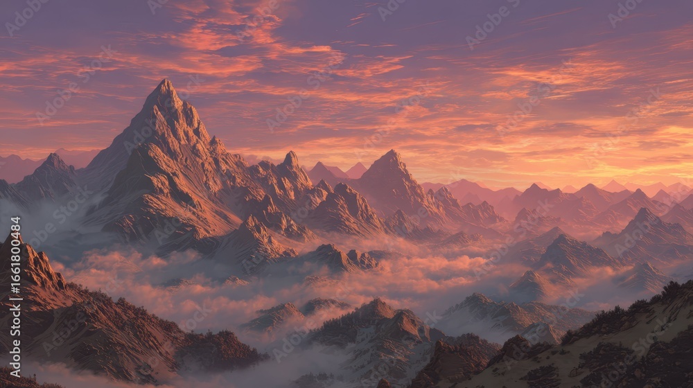 Naklejka premium Majestic Fantasy Mountain Range at Sunrise with Vibrant Sky Colors