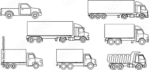 various simple truck outline line silhouette set side view icon symbol vector on transparent background
