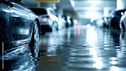 Wallpaper Mural A closeup shot of a car submerged in water in a parking garage. The cars side profile is visible, showcasing its shiny, reflective surface and the intricate details of its wheel. Torontodigital.ca