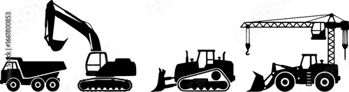 simple large construction vehicle silhouette simplified side view vector set on transparent background
