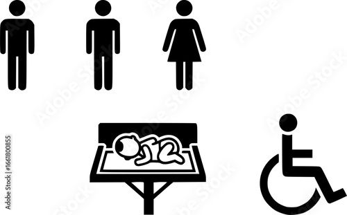 simple common restroom baby change table room disabled symbol icon sign set vector transparent background
