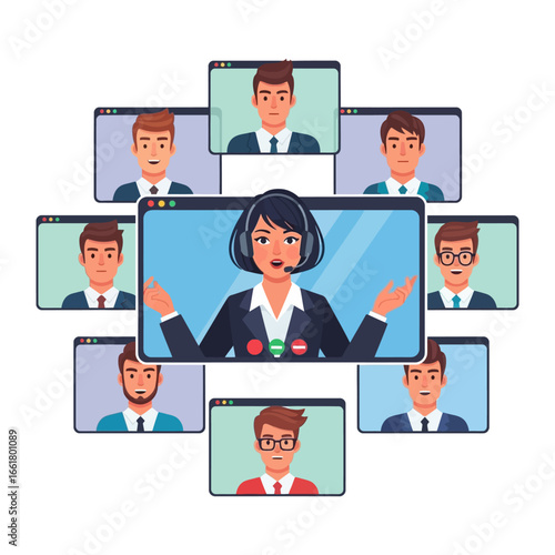 Virtual Meeting: A central screen hosts a female leader with multiple video conference windows, showcasing a diverse group of people engaged in a digital meeting, highlighting modern work culture.