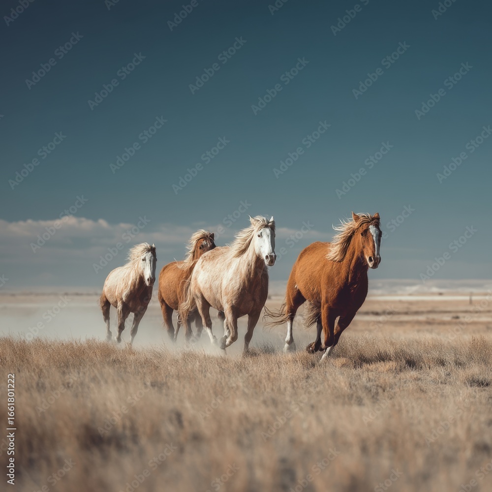 Obraz premium Wild horses running across grassland with windblown manes under clear blue sky