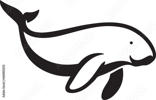 Whale silhouette stylized with fluke tail, Ocean whale vector black and white design