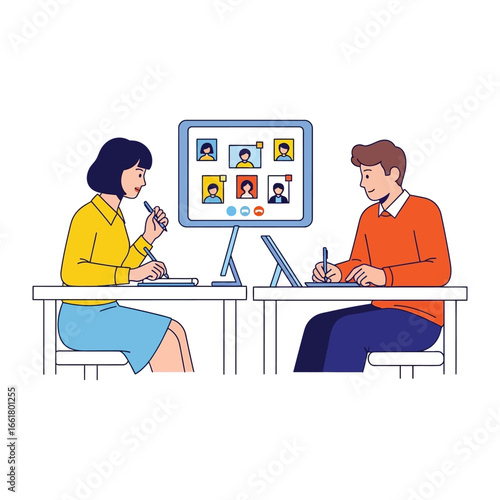Collaborative Conference: Two individuals participate in a virtual conference call, engaged in a remote meeting and note-taking. Highlighting remote work and technology.
