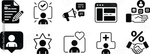 Flat vector illustration, business marketing icons, communication, feedback, profile management, social media, web interface, contract agreement, handshake, teamwork