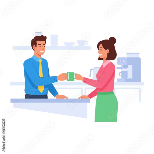 Coffee Break Exchange: A convivial man offers a cup to a woman in a modern office, epitomizing the everyday camaraderie and shared moments that fuel the workday.