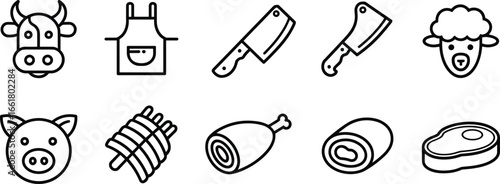 Flat vector illustration, butcher shop icons, meat products, beef pork lamb, steak ham ribs, kitchen cleaver, chef apron, food industry