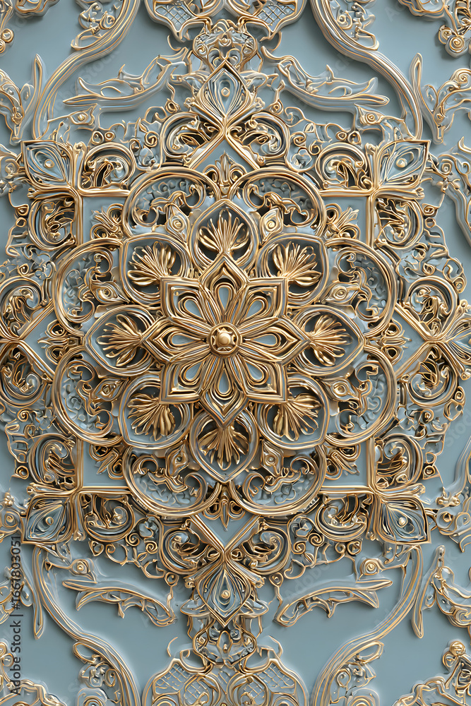 Obraz premium Elegant Gold and Teal Baroque Ornament: Intricate 3D Rendered Design, Luxury Texture, Decorative Background.