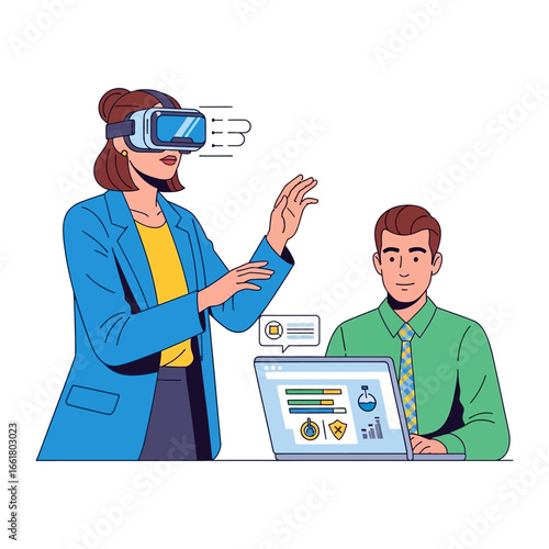 Immersive Visualization: A professional lady embraces the virtual world through VR technology with her associate, showcasing the blend of future and innovation. 