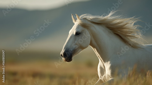 Wallpaper Mural Pure white horse gallops through golden field, mane flowing wild. Symbolizes powerful freedom Torontodigital.ca