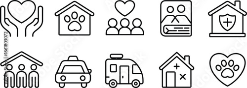 Flat vector illustration, charity icons, family care, pet shelter, healthcare, insurance, transportation, RV travel, community support, adoption, protection, wellbeing