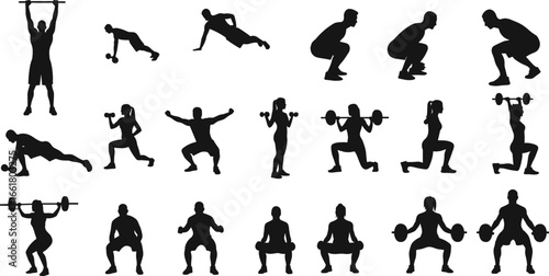Vector Silhouette of Men and Women Performing Dumbbell, Barbell, Bodyweight Squats, Push-ups, and Strength Training in Gym Workout