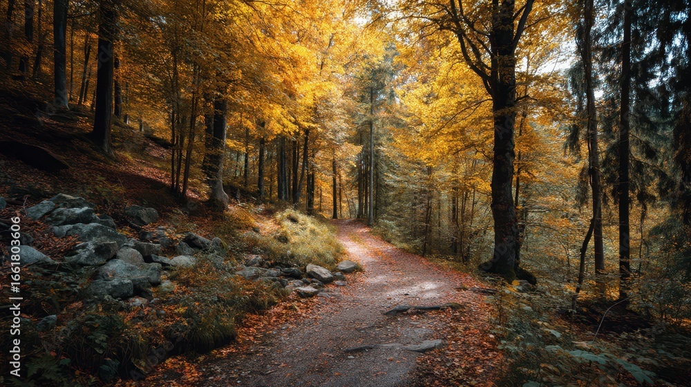 Fototapeta premium Serene Forest Trail Surrounded by Golden Autumn Leaves