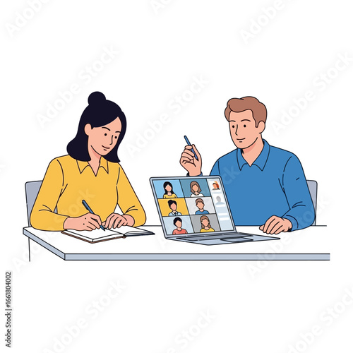 Virtual Collaboration in Action: Two individuals, engaged in a focused online meeting, demonstrate seamless teamwork. A virtual team meeting is taking place on the computer in a modern office setting.