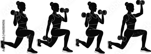 Vector silhouette of woman doing lunges with dumbbells, fitness workout, strength training, gym exercise, muscle building, healthy lifestyle, athletic training, active woman