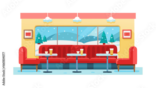 Winter diner restaurant interior with snow scene view, red booths, tables, and drinks illustration