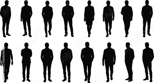 Silhouette people walking, standing poses, business casual men and women, isolated black figures, urban lifestyle concept, group diversity illustration