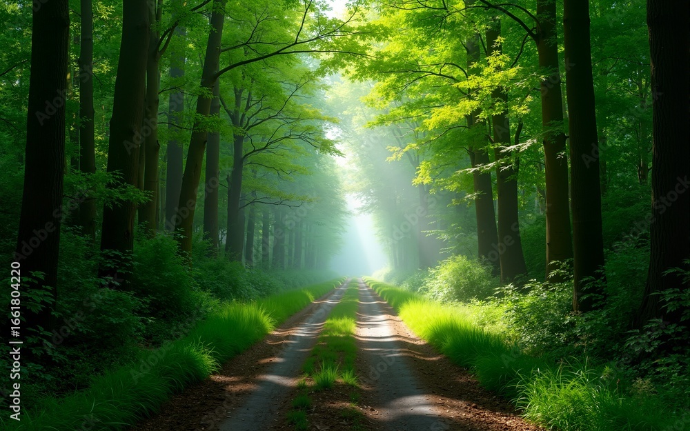 Obraz premium Lush green forest path, misty tunnel of trees, nature background, tranquility. High quality