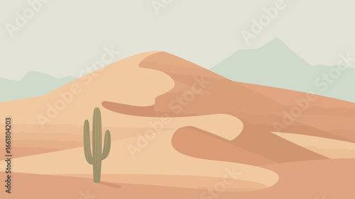 Cactus in Desert Sand Dunes with Abstract Minimalist Style