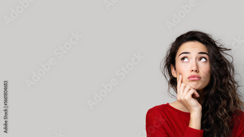 Thinking woman with puzzled and uncertain expression, deep in contemplation