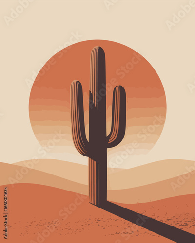 Desert Landscape with Cactus and Sunset Vector Illustration