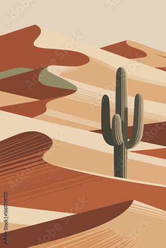 Cactus in Desert Sand Dunes with Abstract Minimalist Style