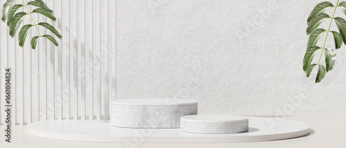 Minimal marble podium leaves abstract nature product display marketing. 3D Rendering