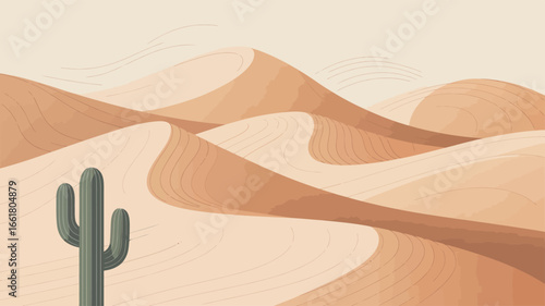 Cactus in Desert Sand Dunes with Abstract Minimalist Style