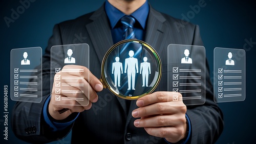 Businessman using magnifying glass to review employee profiles for hiring