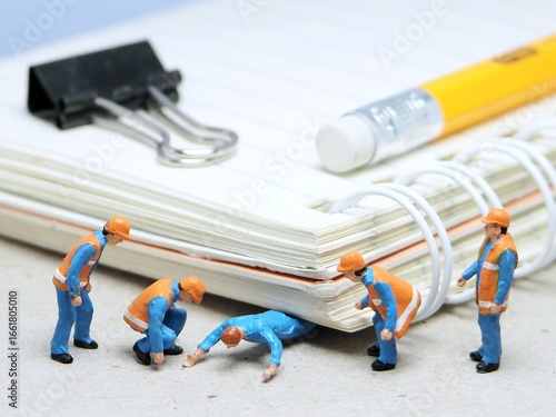 Mini toy of action figure with blurred background. Miniature photography concept design. Minifigure worker trapped under book with rescue team, concept of workplace safety and burnout.