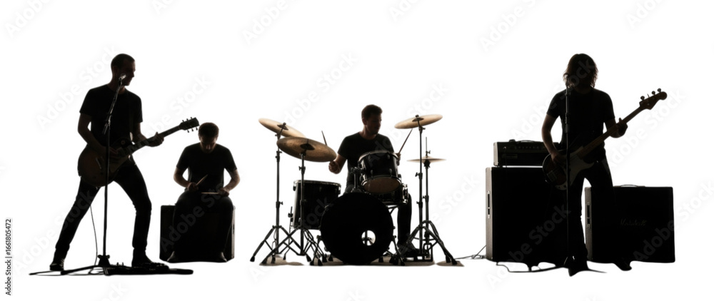custom made wallpaper toronto digitalSilhouetted Rock Band with Guitarist Drummer and Bassist cutout isolated on transparent bg, png