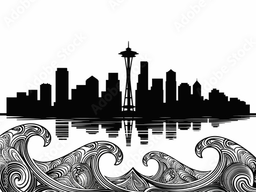 Seattle Skyline Reflection A black and white vector art illustration showcasing the city's iconic landmarks over waves.